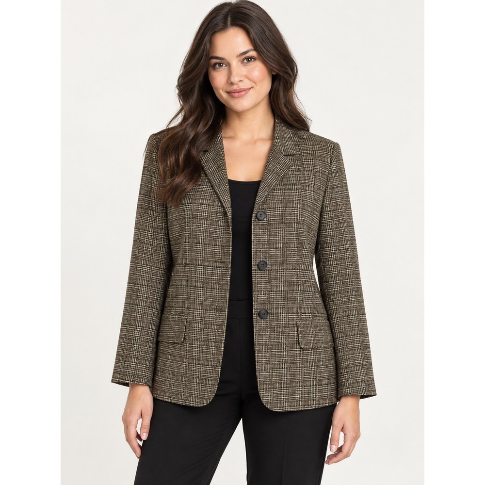 Kasper Womens Brown Plaid 3-Button Blazer Jacket Size 14 Tweed Textured